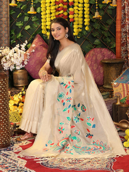 Anaita Cream Linen Cotton Woven Saree With Blouse
