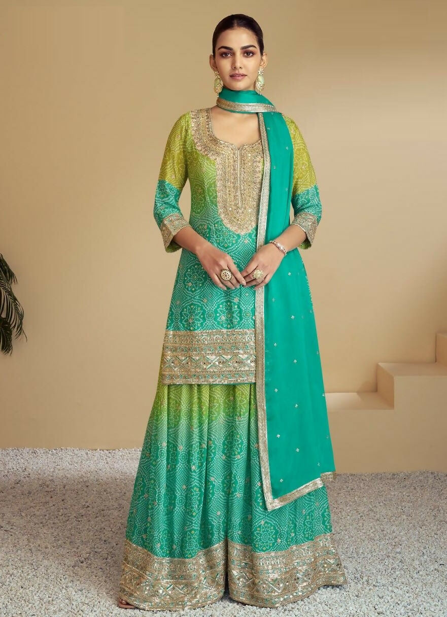 Anaita Green Digital print with Embroidered Silk Stitched Plazo Suit