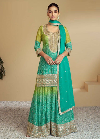 Anaita Green Digital print with Embroidered Silk Stitched Plazo Suit