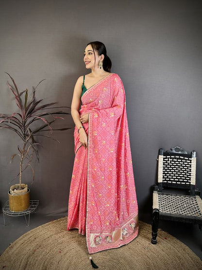 Elora Pink Vichitra Silk Animal Motifs Foil Print Sequence & Zari Embroidery Work Bandhani Saree