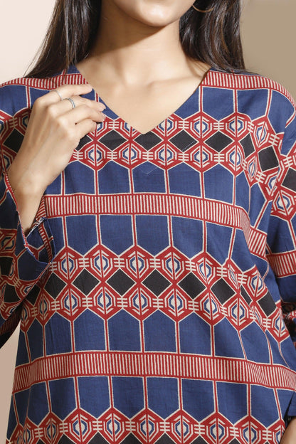Breathables Women'S Blue Cotton Abstract Print Loungewear Co-Ord Set – Long Kurta & Pants
