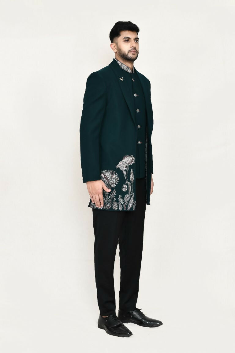 Joban Fashion Green Colored Imported Polyester Fabric Open Prince Coat, Jacket With Pant