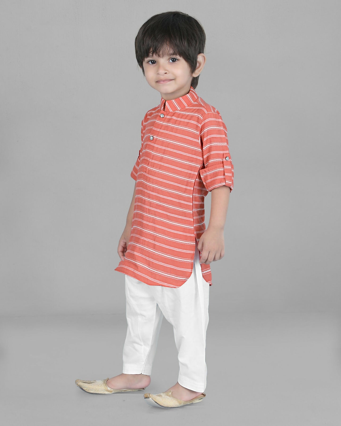 Joban Fashion Kids Island Cotton Full Sleeves Striped Kurta and Pyjama- Peach