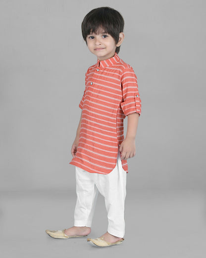 Joban Fashion Kids Island Cotton Full Sleeves Striped Kurta and Pyjama- Peach