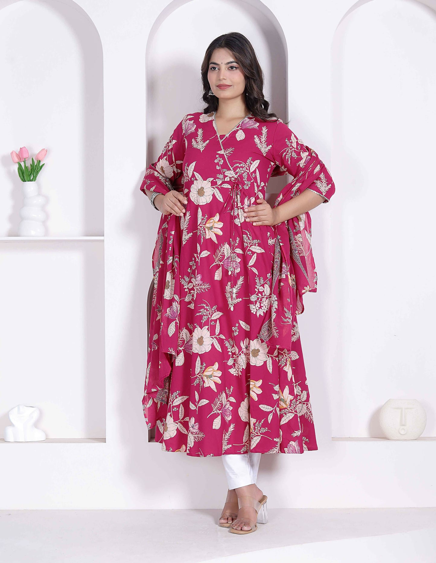 Miravan Womens Pink Floral Printed Angrakha Kurta With Dupatta