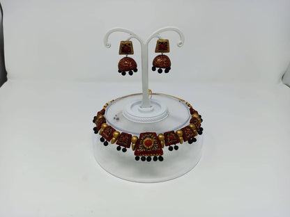 Terracotta Red and Black Choker Necklace Set Paired with Temple Earrings