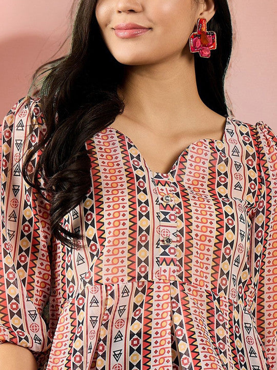Sangria Printed Puffed Sleeves Peplum Top