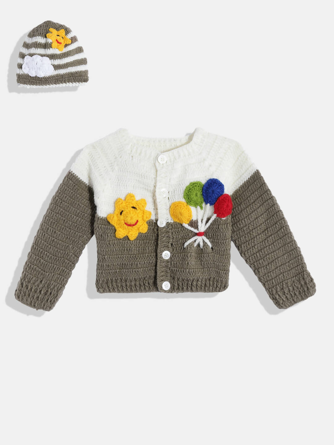 Chutput Kids Woollen Hand Knitted Full Sleeves Balloon Detail Colorblocked Sweater For Baby Boys With Striped Cap - Brown