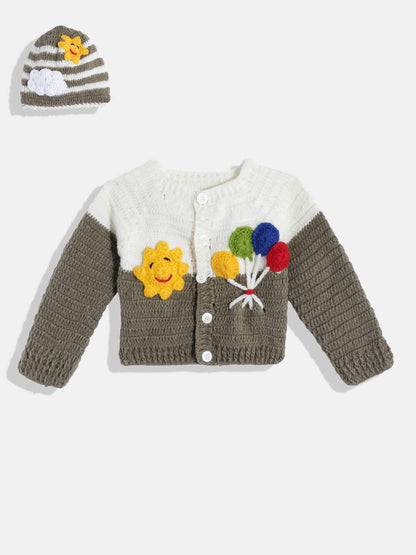 Chutput Kids Woollen Hand Knitted Full Sleeves Balloon Detail Colorblocked Sweater For Baby Boys With Striped Cap - Brown