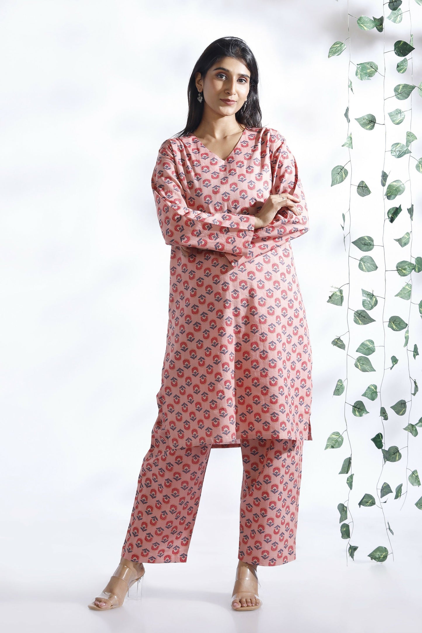 Breathables Women’S Loungewear Long Kurta Co-Ord Set Cotton Pink Indian Motif Butta Print