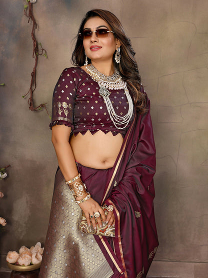Joban Fashion Maroon Floral & Botanical Motifs Satin Silk Banarasi Silk Saree