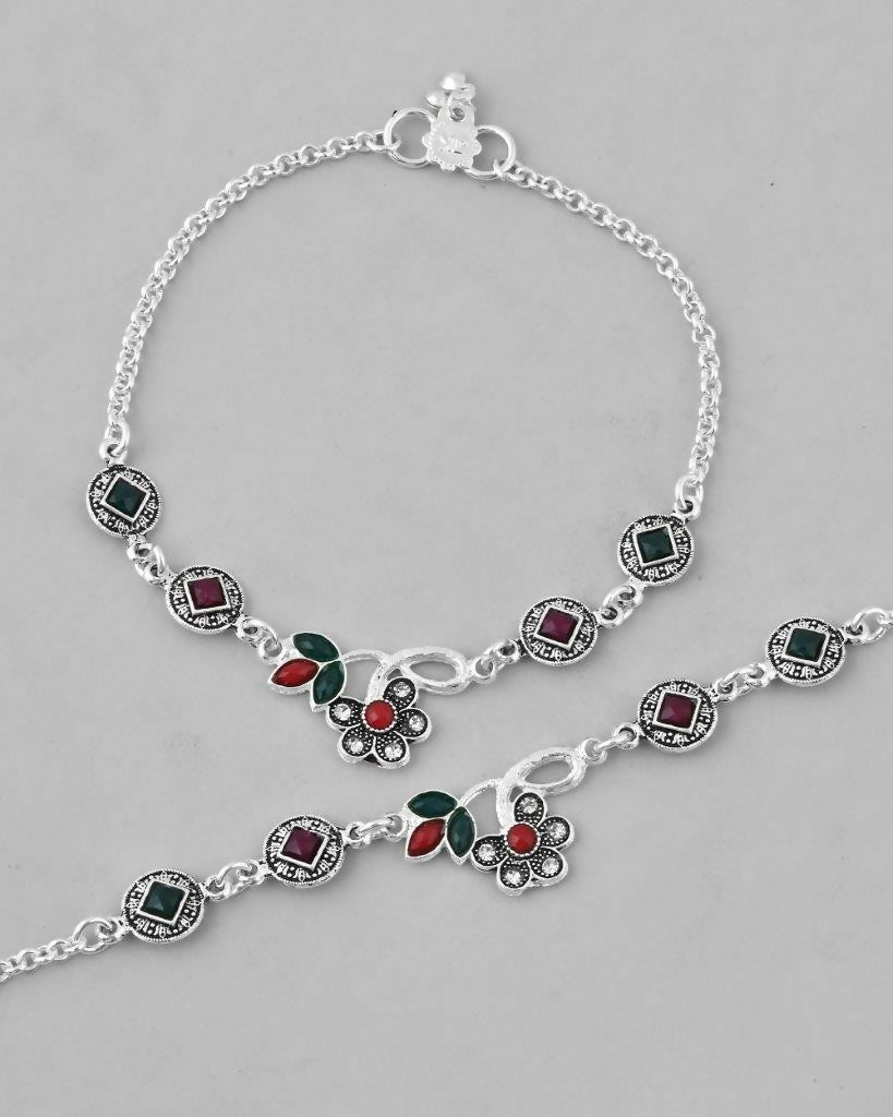 VOJ Set of 2 Traditional Multi Color Stone Studded Designer Anklet