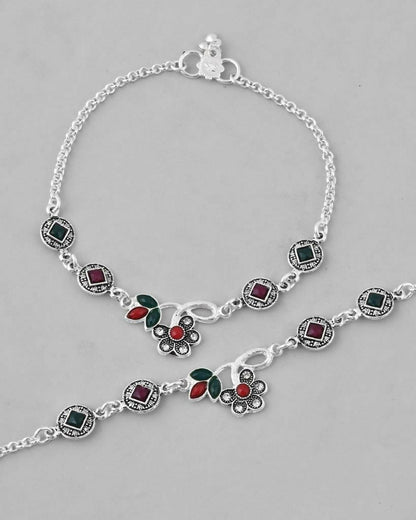 VOJ Set of 2 Traditional Multi Color Stone Studded Designer Anklet