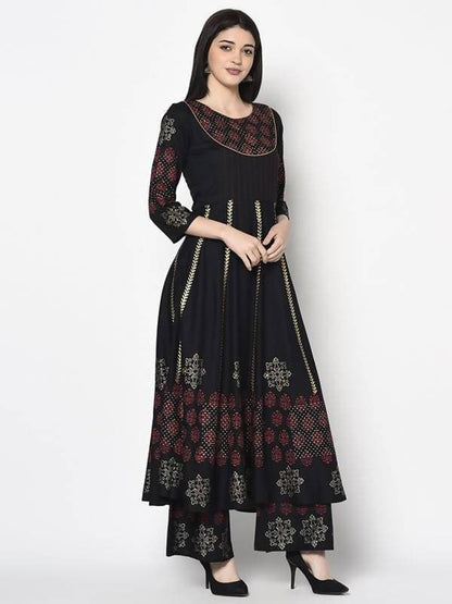 Aniyah Rayon Black Color Block Print Anarkali Palazzo Set (AN-186K)