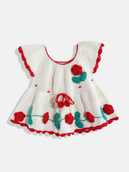 Chutput Kids Woollen Hand Knitted Full Sleeves Rosette Work Dress For Baby Girls - White