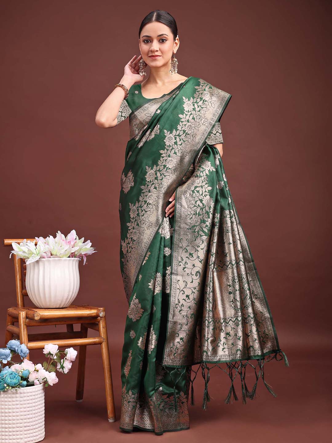 Anaita D Green Banarasi Silk Woven Work Saree With Blouse