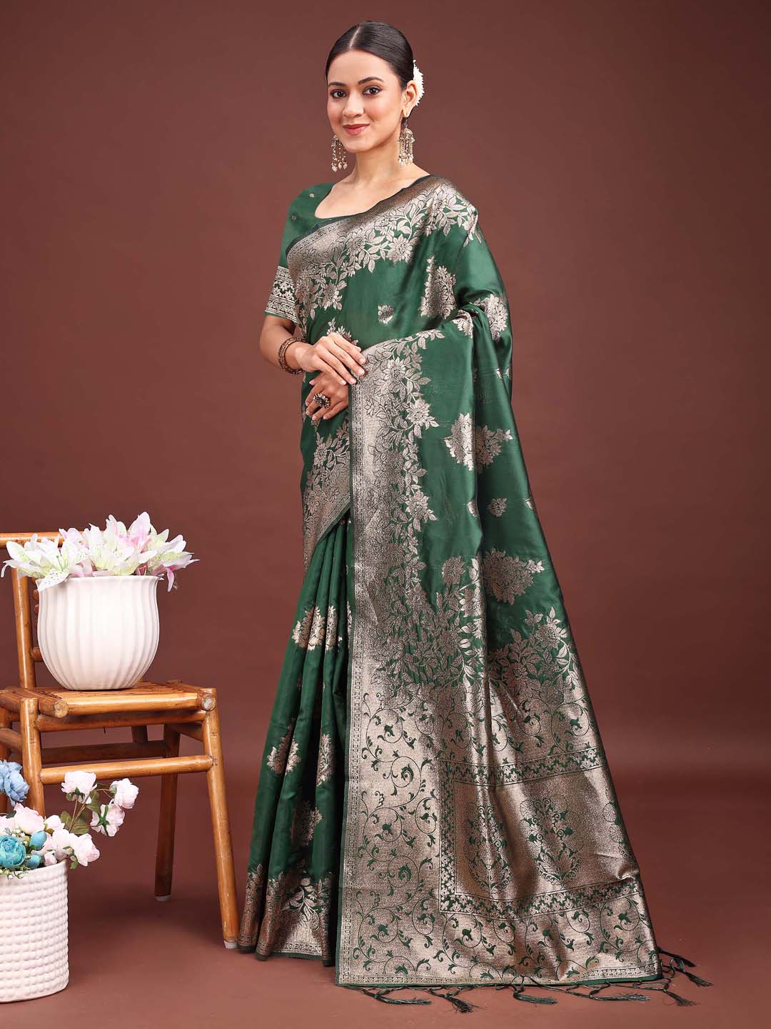 Anaita D Green Banarasi Silk Woven Work Saree With Blouse