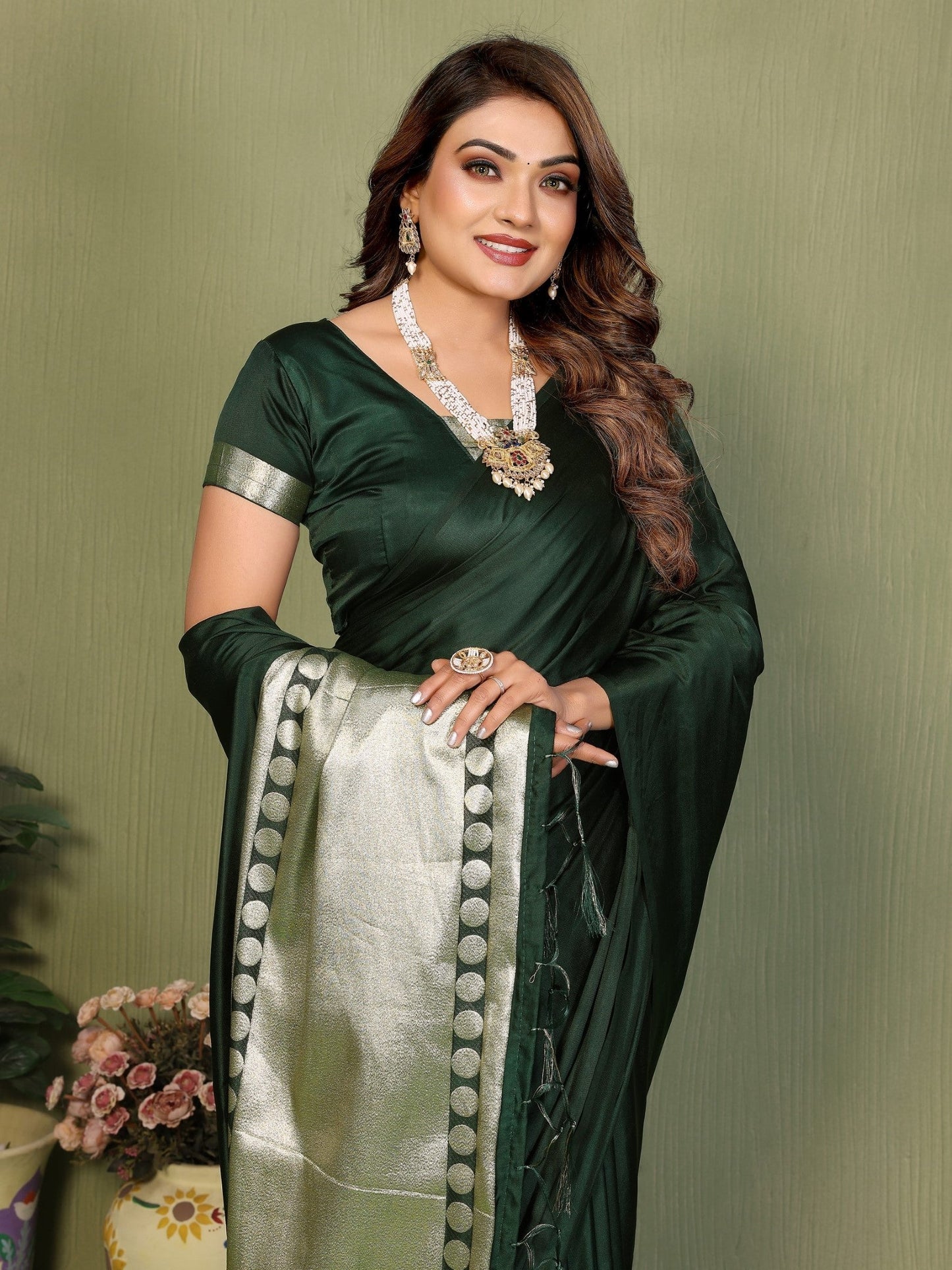 Anaita D Green Zari Weaving Work Satin Silk Saree With Blouse
