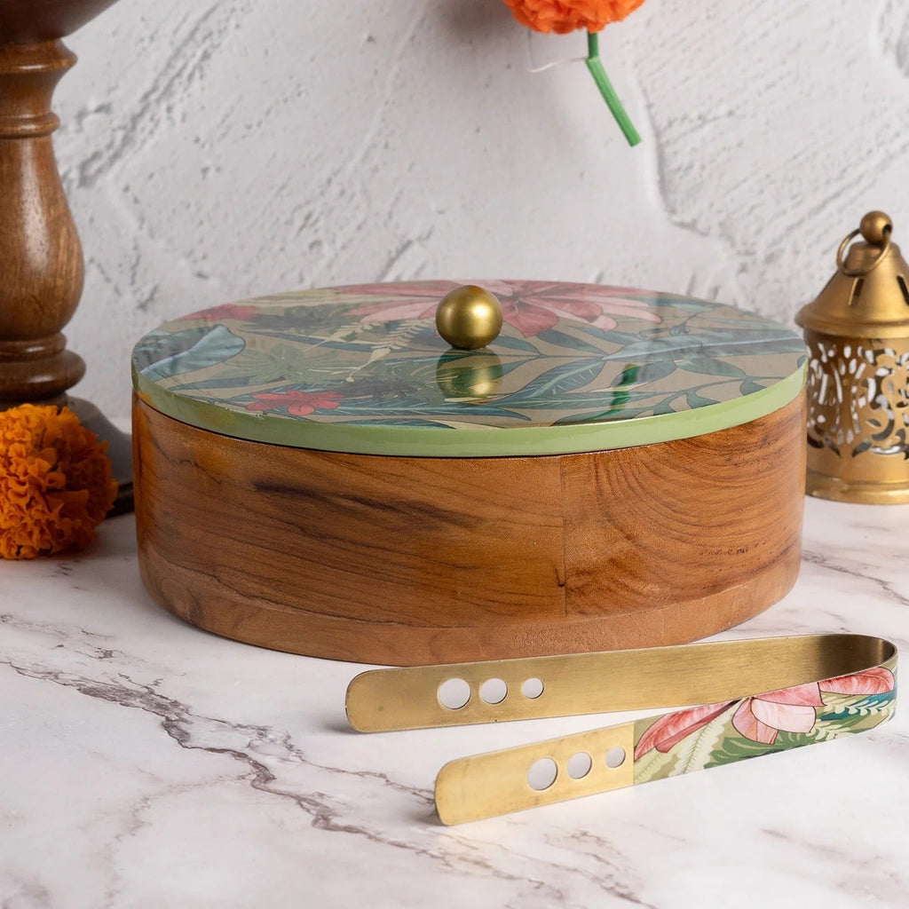 Nestroots Allure Teak Wood Roti Box with Tong Green Enamel Print
