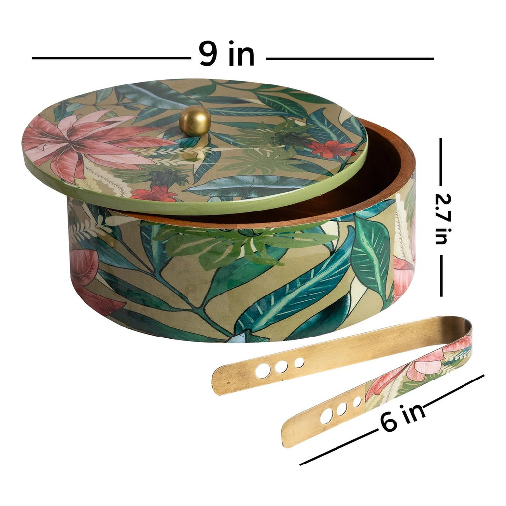 Nestroots Allure Roti Box with Tong Green Printed Mango Wood