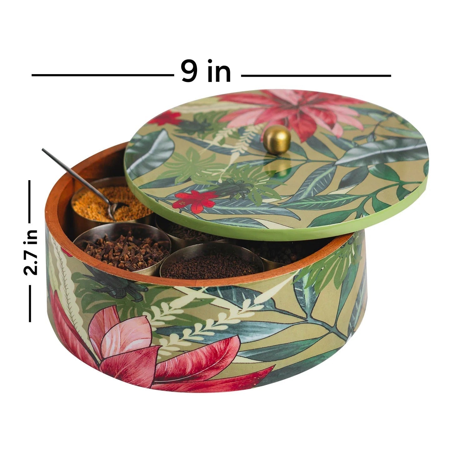 Nestroots Allure Mango Wood Masala Box Green with 7 Stainless Steel Jars