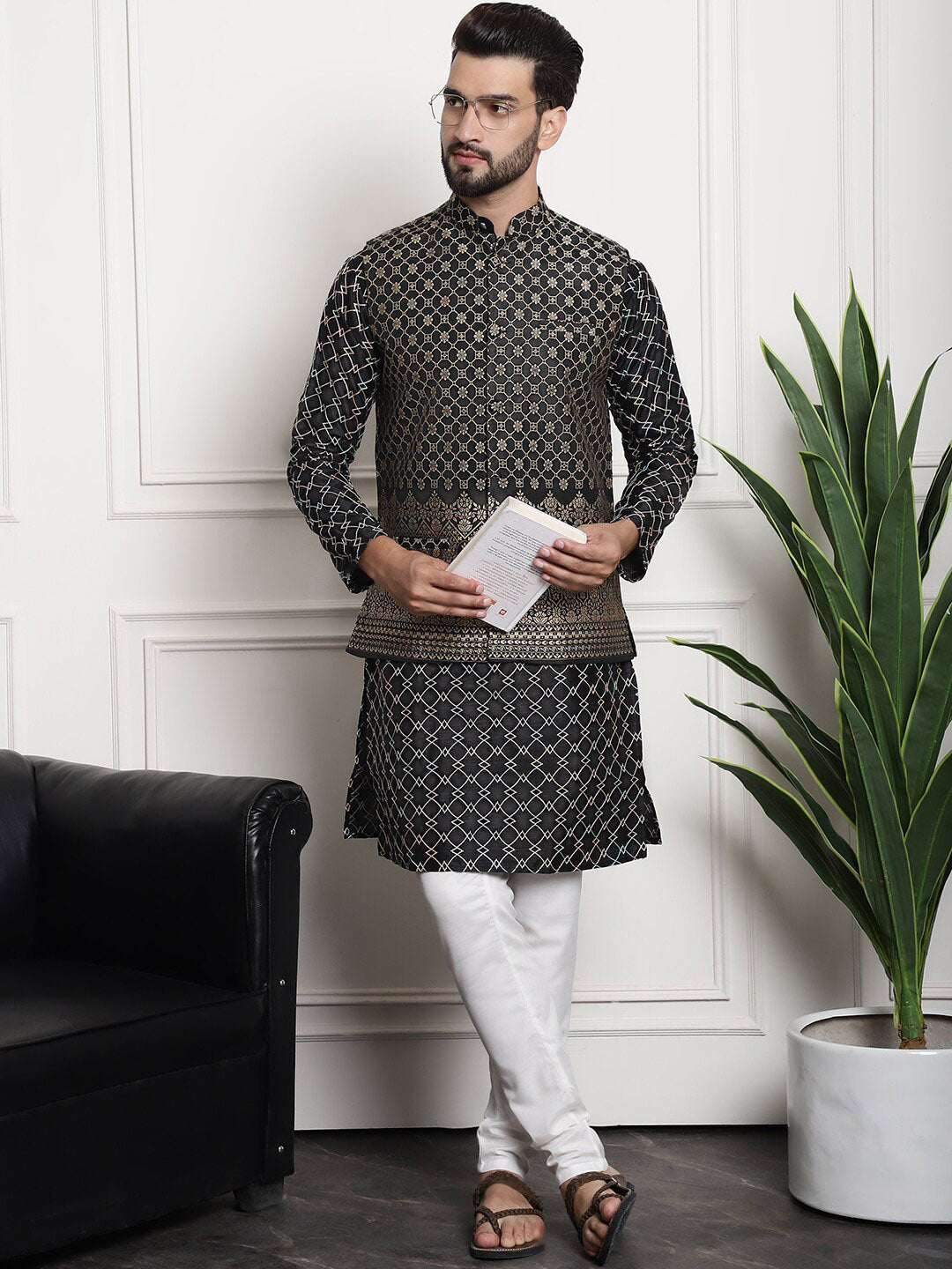 Sojanya Ethnic Motifs Woven Design Embroidered Straight Kurta & Churidar With Nehru Jacket