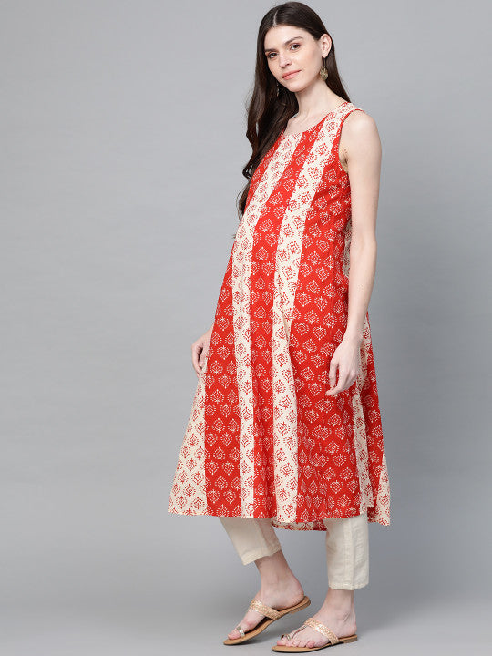 Anayna Women Red & Beige Ethnic Motifs Screen Print A-Line Maternity & Nursing Kurta
