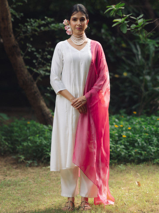 Anayna V-Neck Panelled Silk Anarkali Kurta with Trousers & Dupatta