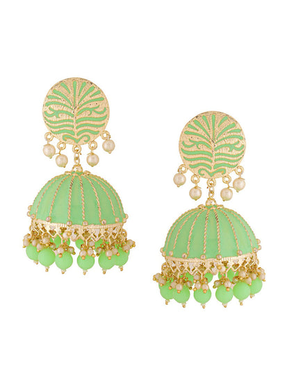 Yellow Chimes Women Green Meenakari Jhumkas Earrings