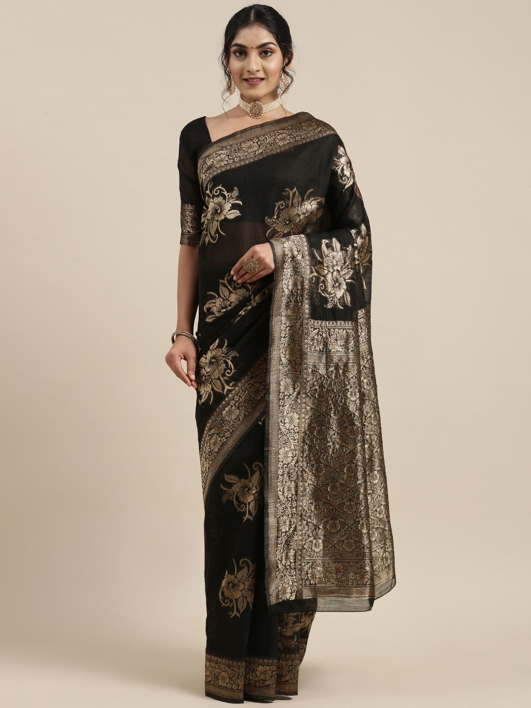 Saree Mall Black Floral Linen Blend Banarasi Saree