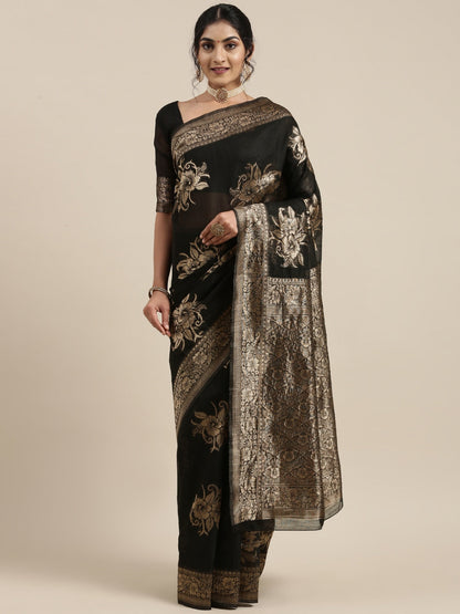 Saree Mall Black Floral Linen Blend Banarasi Saree