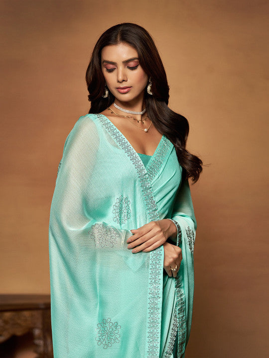 Sangria Embellished Beads and Stones Pure Chiffon Saree