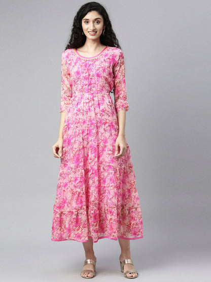 Souchii Beautiful Pink & peaches N Cream Floral Layered Chiffon Midi Dress