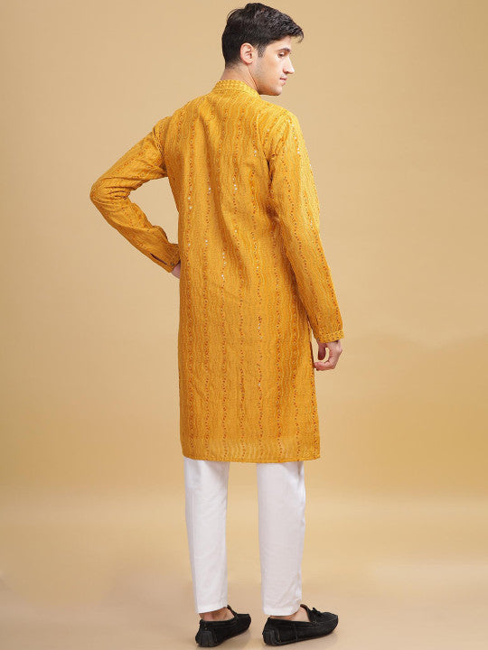 Anouk Yellow Ethnic Embroidered Mandarin Collar Sequinned Lucknowi Cotton Straight Kurta