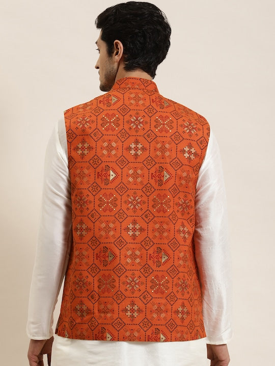 Sojanya Men Orange Ethnic Motifs Printed Nehru Jacket