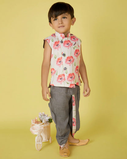 Joban Fashion Kids Island Cotton Sleeveless printed Kurta and Solid Dhoti - Grey