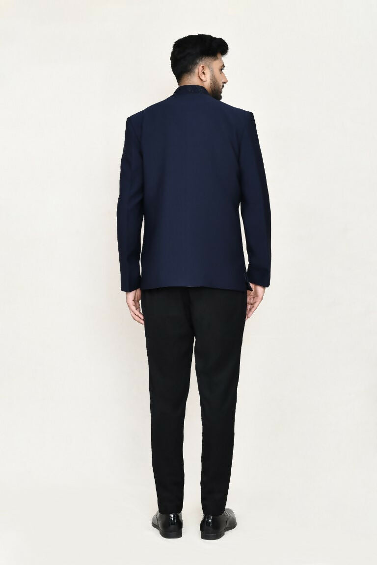 Joban Fashion Blue Colored Terry Rayon Based With Geometry Work Fabric Open Prince Coat, Jacket With Pant