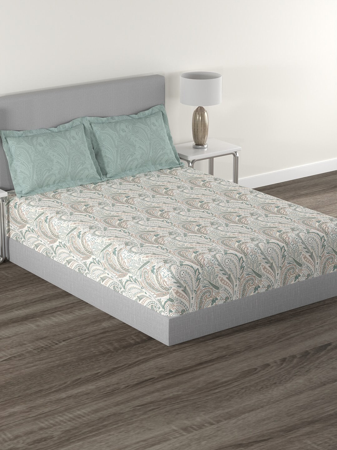 MYTRIDENT Green White Ethnic Motifs Cotton 144 TC Queen Bedsheet With 2 Pillow Covers