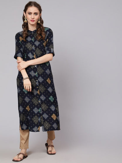 Aks Bandhani Printed Mandarin Collar Straight Kurta