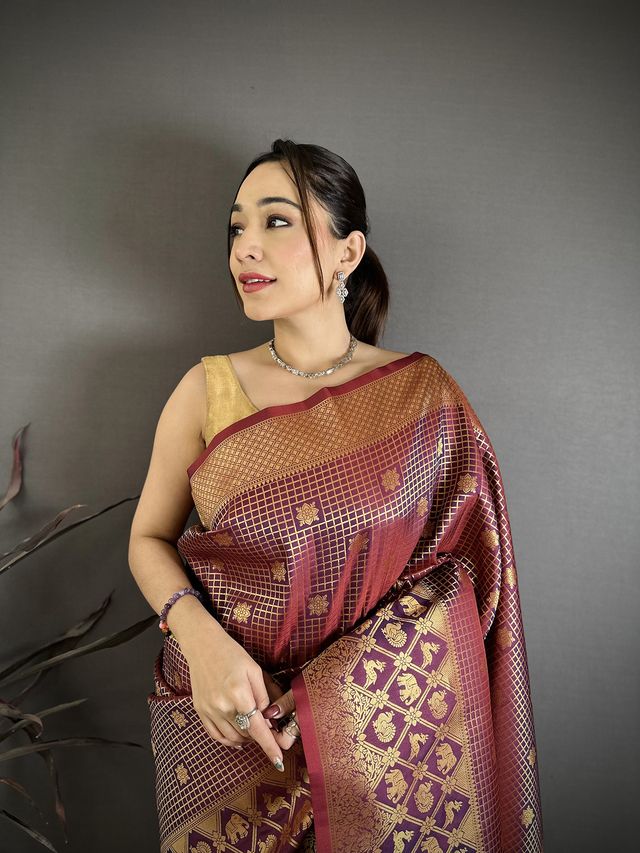 Elora Wine Banarasi Soft Silk Checked Body With Floral Motifs South Pattu Saree