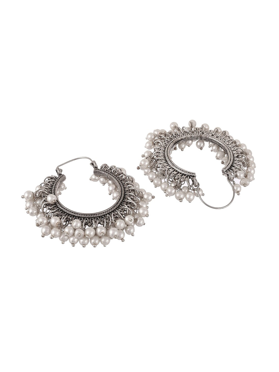 Shoshaa Silver-Toned & White Contemporary Hoop Earrings