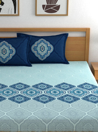 Dreamscape Blue Ethnic Motifs 140 TC Fitted Cotton King Bedsheet & Pillow Covers
