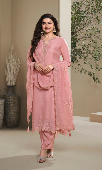 Anaita Peach Heavy Natural Crepe Stitched Suit with Embroidery & Zarkhan Work