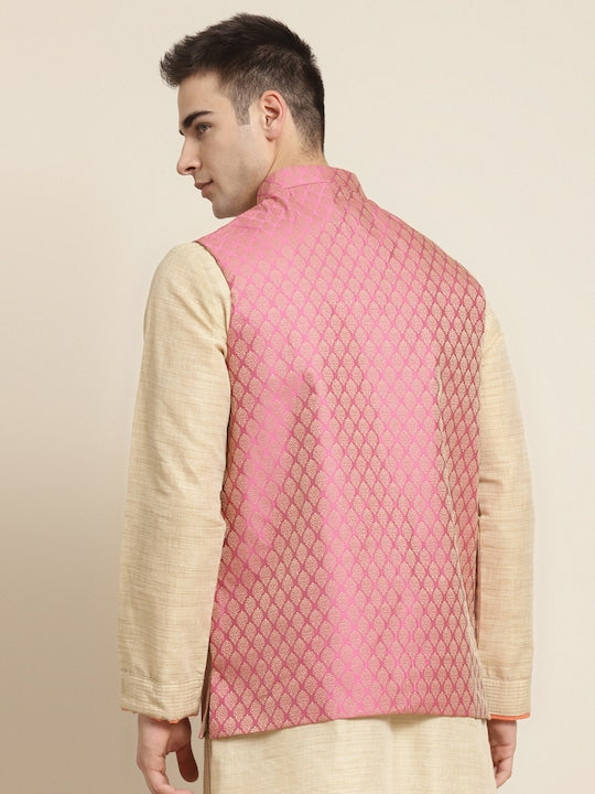 Sojanya Men Pink and Beige Woven Design Jacquard Silk Nehru Jacket