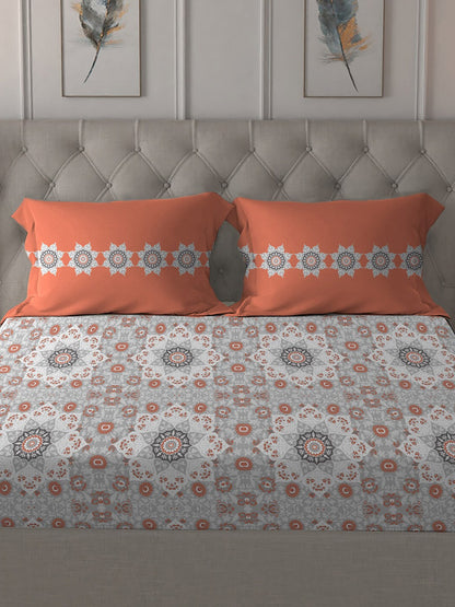 MYTRIDENT Grey White Floral Pure Cotton 144 TC Queen Bedsheet With 2 Pillow Covers