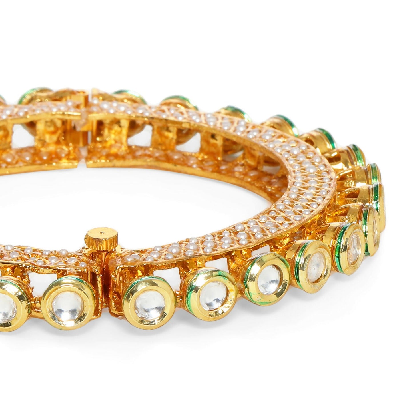 Kundan and Pearl Studded Bangle (Gold) - Ruby Raang