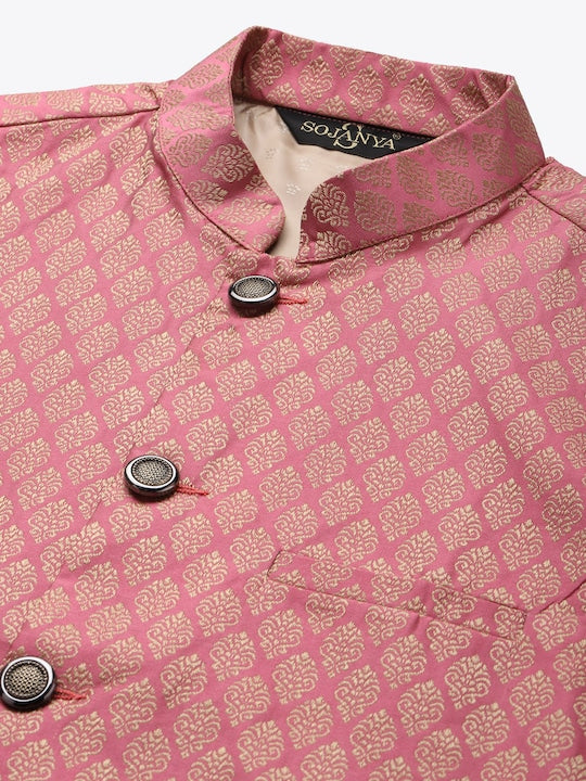 Sojanya Men Pink and Beige Woven Design Jacquard Silk Nehru Jacket