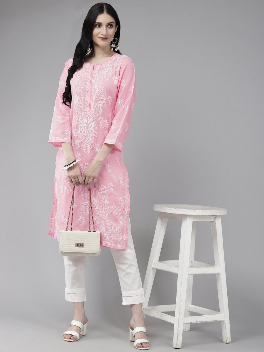 ADA Women Pink & White Ethnic Motifs Embroidered Chikankari Cotton Kurta