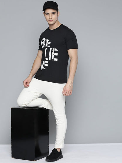 Alcis Men Black & White Typography Printed T-shirt