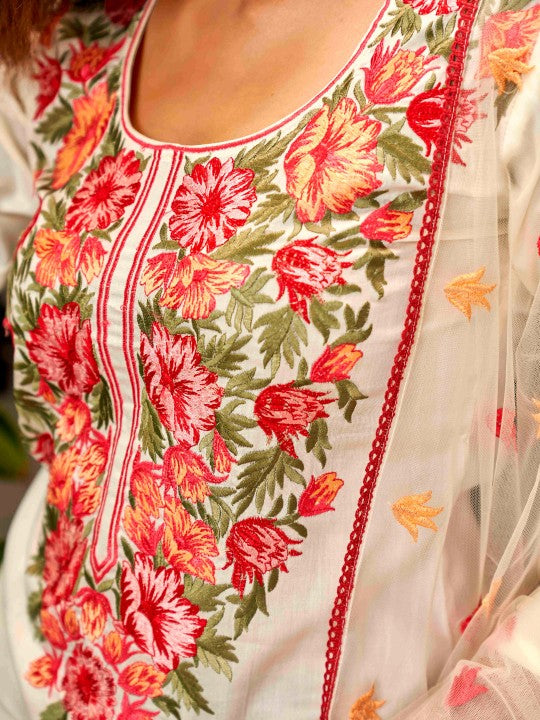 Tikhi Imli Floral Embroidered Cotton Blend Kurta with Trousers & Dupatta